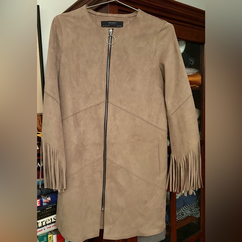 Zara Taupe Faux Suede Fringed Women's Coat